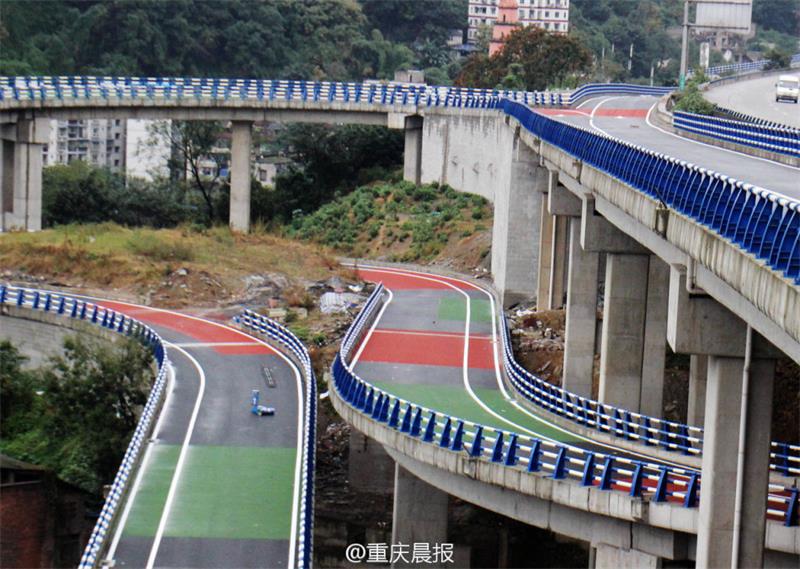 Overpass with multi-colored pavement under construction