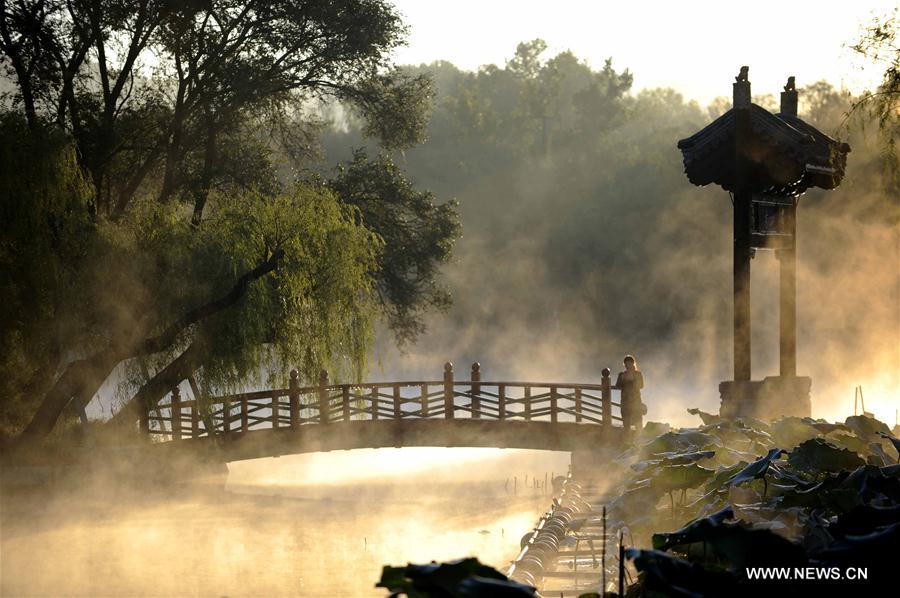 Photo taken on Sept. 20, 2016 shows the fog scenery at the Imperial Mountain Summer Resort in Chengde, north China's Hebei Province.