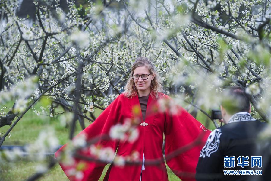 Foreigners wearing Hanfu enjoy spring scenery in E China