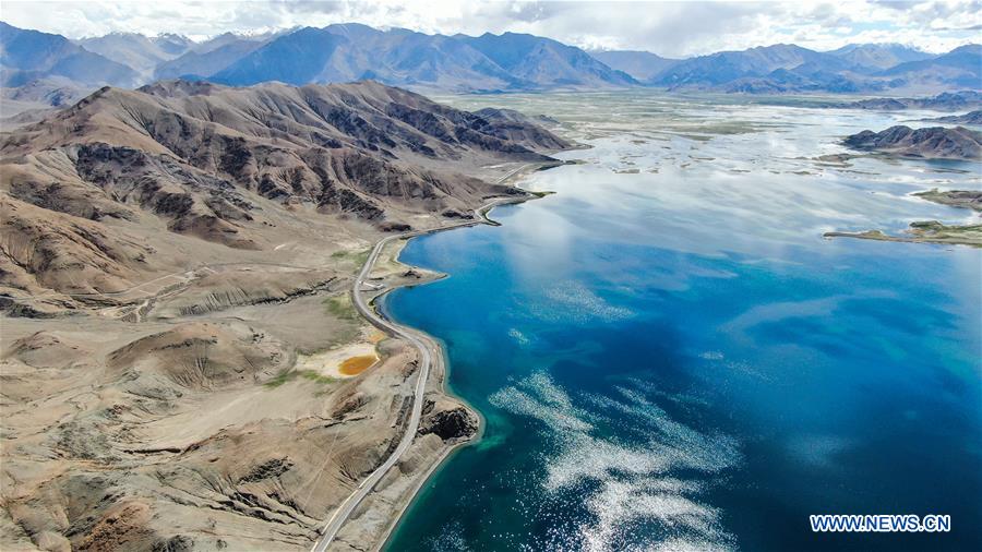 Aerial view of Banggong Co in Ngari Prefecture, China's Tibet