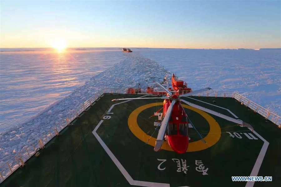 China's polar icebreaker Xuelong 2 breaks ice in waters in Antarctica