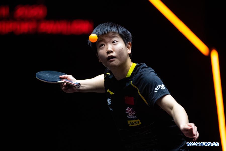 Sun Yingsha of China serves the ball during the women's singles semifinals against Wang Manyu of China at World Table Tennis (WTT) Macao 2020 Tournament in Macao, south China, Nov. 28, 2020. (Xinhua/Cheong Kam Ka)