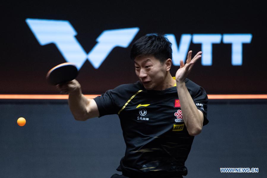 Ma Long of China returns the ball during the men's singles semifinals against Lin Gaoyuan of China at World Table Tennis (WTT) Macao 2020 Tournament in Macao, south China, Nov. 28, 2020. (Xinhua/Cheong Kam Ka)