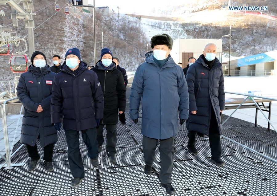 Chinese President Xi Jinping, also general secretary of the Communist Party of China Central Committee and chairman of the Central Military Commission, learns about venues construction and athletes'' preparations while visiting the National Alpine Skiing Center in Yanqing District, Beijing, capital of China, Jan. 18, 2021. Xi on Monday inspected the preparatory work of the Beijing 2022 Olympic and Paralympic Winter Games in Beijing. (Xinhua/Ju Peng)