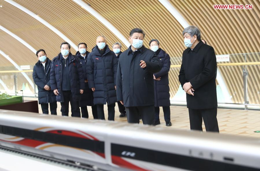 Chinese President Xi Jinping, also general secretary of the Communist Party of China Central Committee and chairman of the Central Military Commission, inspects the Taizicheng rail station close to the competition venues and athletes'' village of the Beijing 2022 Olympic and Paralympic Winter Games in Zhangjiakou, north China''s Hebei Province, Jan. 19, 2021. Xi on Tuesday arrived in Zhangjiakou by taking the Beijing-Zhangjiakou high-speed rail. He inspected the Taizicheng rail station, the National Ski Jumping Center and the National Biathlon Center. (Xinhua/Ju Peng)