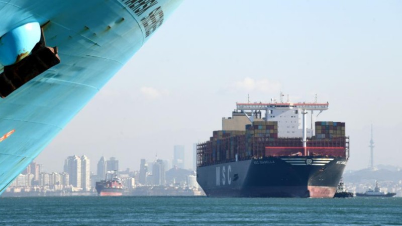 A glimpse of Qianwan Container Terminal of Qingdao Port in east China