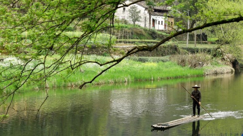 Villager rows bamboo raft in Wuyuan County, E China