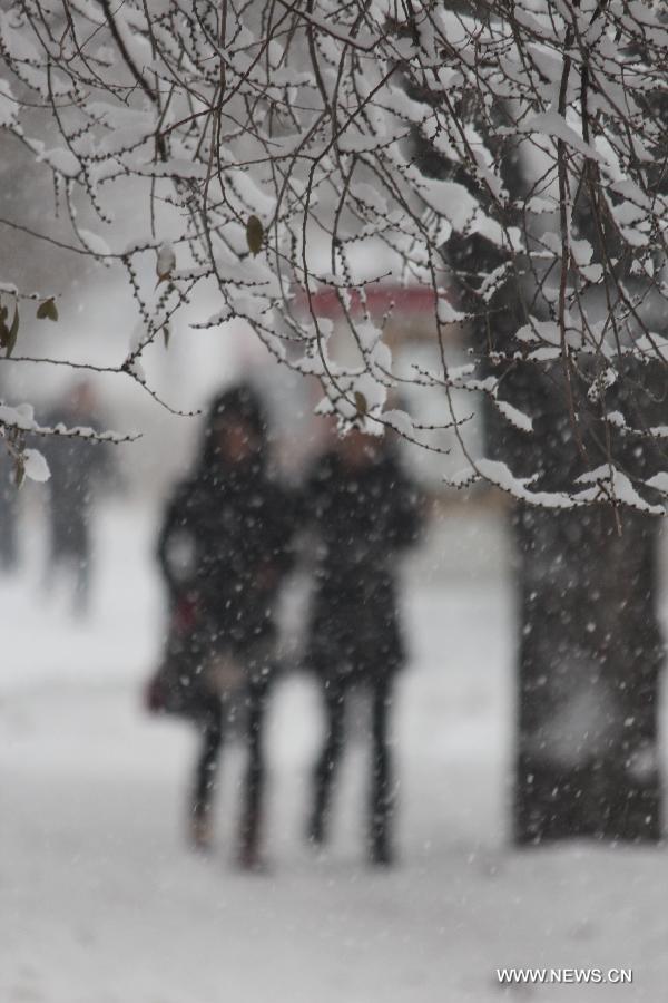 Citizens walk in snow in Qiqihar, northeast China's Heilongjiang Province, Nov. 12, 2012. A cold front is sweeping across the country's northern areas, bringing heavy snow and blizzards. (Xinhua/Wang Yunlong)  