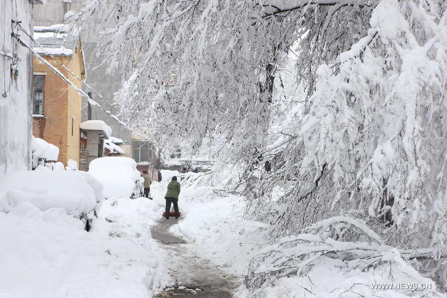 Residents clean snow on a raod in Hegang, northeast China's Heilongjiang Province, Nov. 13, 2012. Snowstorms in recent days have affected road traffic and caused difficulties to local people in northeast China. (Xinhua/Fang Baoshu) 