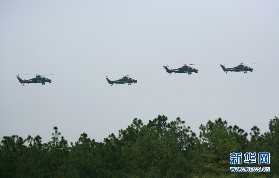 An army aviation brigade under the Nanjing Military Area Command (MAC) of the Chinese People's Liberation Army (PLA) organizes a helicopter flight training, in a bid to temper the tactical skills of the pilots and the helicopter operation-and-control capability. (Xinhua/Guo Weihu)