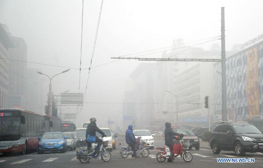 Vehicles run on the fog-shrouded street in Beijing, capital of China, Jan. 30, 2013. The meteorological observatory in Beijing issued an orange alert and a yellow alert against heavy fog and haze respectively on 6:00 am Wednesday. Heavy fog has been lingering in central and eastern China since Tuesday afternoon, disturbing the traffic. (Xinhua/Li Xin)