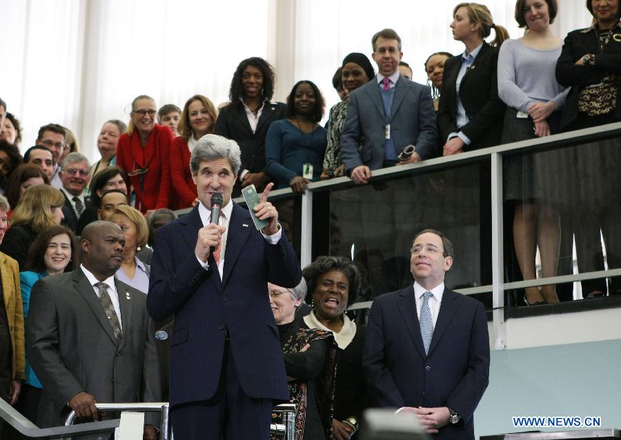 U.S. Secretary of State John Kerry speaks during the welcoming ceremony at the Department of State in Washington D.C. on Feb.4, 2013. John Kerry was sworn in on Friday to succeed Hillary Clinton to become U.S. Secretary of State. (Xinhua/Fang Zhe) 