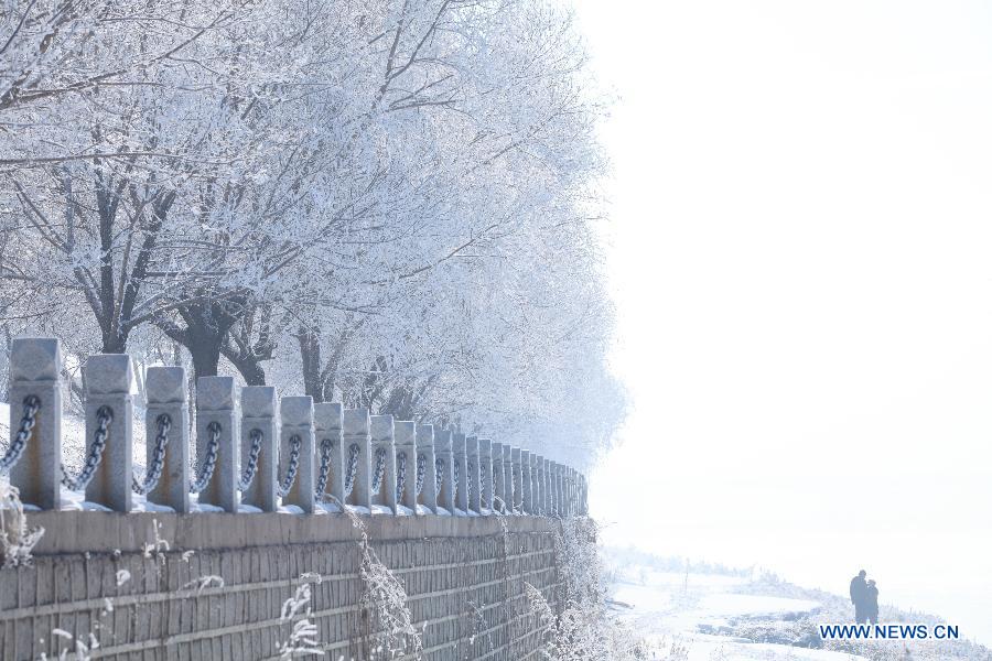 People enjoy the scenery of rime at Jiangbin Park in Jilin City, northeast China's Jilin Province, March 3, 2013. (Xinhua)