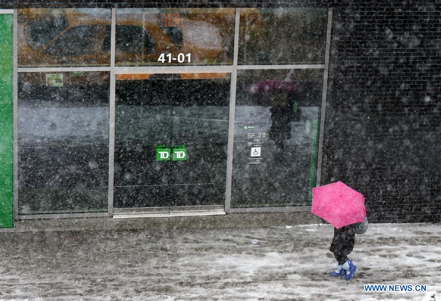 A pedestrian walks amid snow at Queens borough in New York, the United States, March 8, 2013. A late winter snowstorm hit New York on Wednesday. (Xinhua/Wang Lei) 