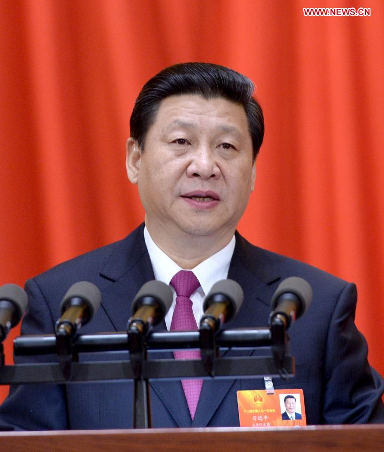 Chinese President Xi Jinping speaks at the closing meeting of the first session of the 12th National People's Congress (NPC) at the Great Hall of the People in Beijing, capital of China, March 17, 2013. (Xinhua/Li Tao)