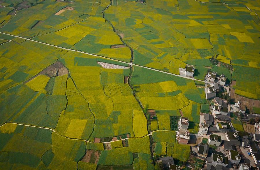 Photo taken on March 21, 2013 shows the aerial view of Longmen Township in Lushan County, southwest China's Sichuan Province. Located at where the Sichuan Basin and the Qinghai-Tibet Plateau meet, Lushan County boasts beautiful and diversified landscape. (Xinhua)