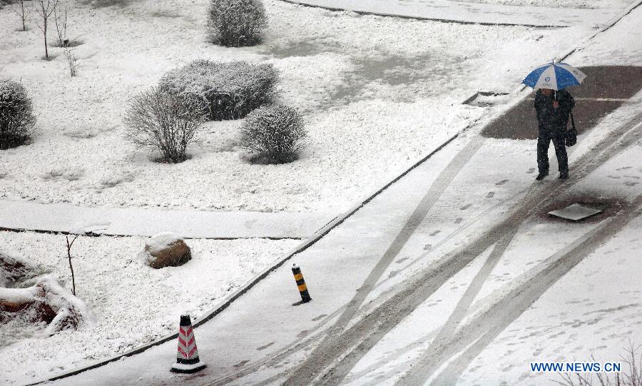 A citizen walks on a snowy road in Shenyang, capital of northeast China's Liaoning Province, April 1, 2013. The city receives snowfall in April despite the approach of spring. (Xinhua/Yao Jianfeng)