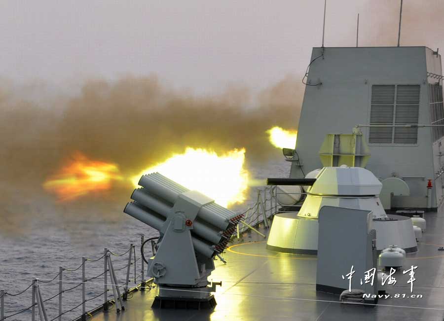 A warship of a joint maneuver taskforce under the South Sea Fleet of the Chinese People's Liberation Army (PLA) Navy conducts a live-ammunition fire drill in the west Pacific Ocean on March 31, 2013. (navy.81.cn/Qian Xiaohu, Song Xin, Gan Jun and Gao Yi)