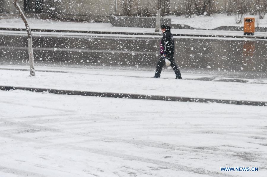 A citizen rides in snow in Baishan City, northeast China's Jilin Province, April 9, 2013. (Xinhua/Zhang Nan) 