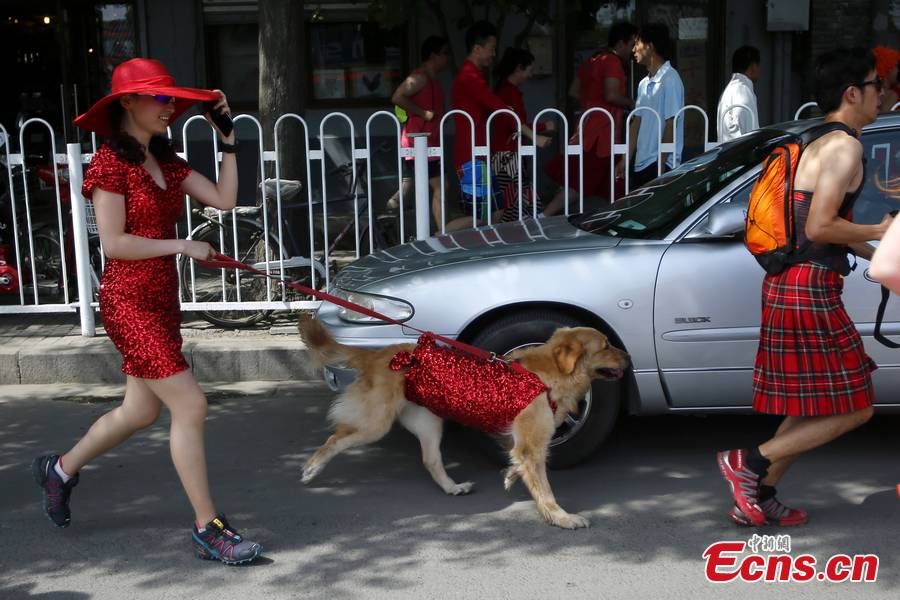 Hundreds of women – and especially men in their red dresses participate in the Red Dress Run in Beijing, May 12, 2013. (CNS/Fu Tian)