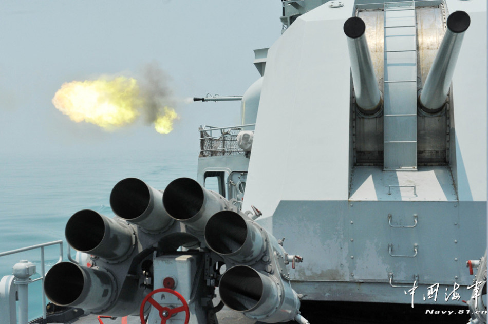 The Jiangmen missile frigate under the South Sea Fleet of the Chinese People's Liberation Army Navy (PLAN) is in live-ammunition fire training in the waters of the Nansha Islands in the South China Sea. (China Military Online/Gao Yi, Zhao Changhong) 