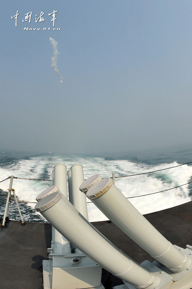 The Jiangmen missile frigate under the South Sea Fleet of the Chinese People's Liberation Army Navy (PLAN) is in live-ammunition fire training in the waters of the Nansha Islands in the South China Sea. (China Military Online/Gao Yi, Zhao Changhong) 