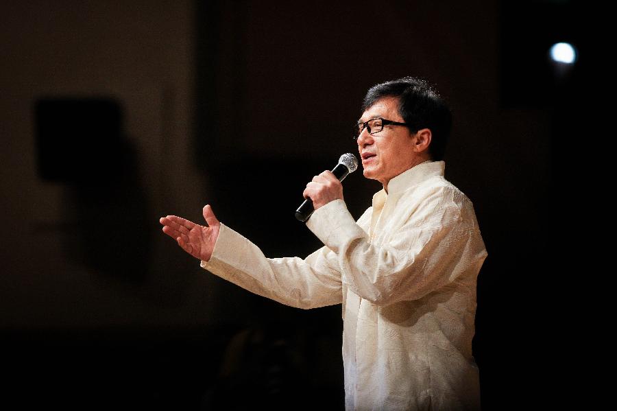 Actor Jackie Chan delivers a speech at the news conference of the Chinese film festival in New Delhi, India, on June. 18, 2013. The 5-day festival opened on Tuesday to boost bilateral movie and culture cooperation between China and India. (Xinhua/Zheng Huansong) 