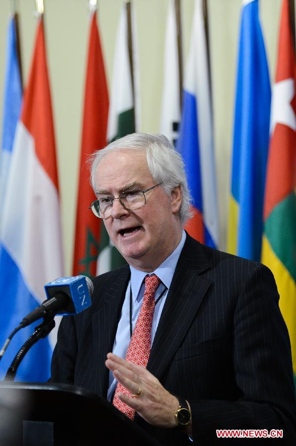 UK Permanent Representative to the United Nations Mark Lyall Grant, whose country holds the rotating presidency of the UN Security Council for the month of June, speaks to journalists at the UN headquarters in New York, on June 19, 2013. The UN Security Council on Wednesday voiced its outrage by the attack on a UN compound in Mogadishu, Somalia, which caused numerous deaths and injuries. Suicide bombers attacked the UN's office in Mogadishu on Wednesday, leaving at least 15 people dead, including eight working for the UN. The al-Qaida linked militant Al-Shabaab group said it was behind the assault. (Xinhua/Niu Xiaolei)