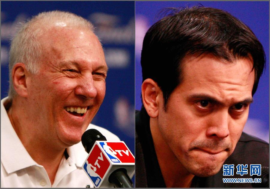 Miami Heat and San Antonio Spurs train in San Antonio for game 4 of NBA finals. The photo: Spurs coach Gregg Popovich (left) and Heat coach Erik Spoelstra in the press. (Photo/Xinhua)