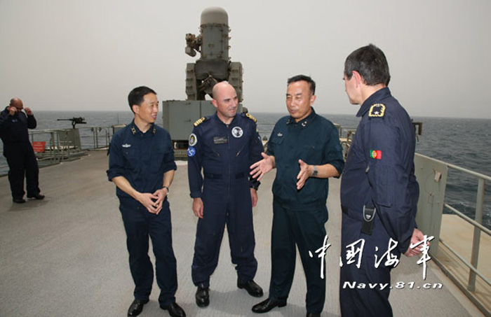 The picture shows the scene of exchange between the commanders of the 14th escort taskforce of the Navy of the Chinese People's Liberation Army (PLAN) and the EU Combined Task Force 465 (CTF-465). (Chinamil.com.cn/ Liang Dong)