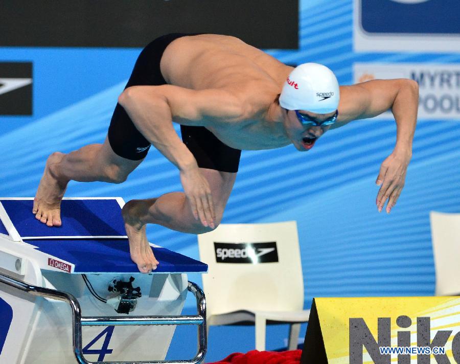 Sun Yang of China competes during the Men's 400m Freestyle Final of the Swimming competition on day 9 of the 15th FINA World Championships at Palau Sant Jordi in Barcelona, Spain on July 28, 2013. Sun Yang claimed the title with 3 minutes 41.59 seconds.(Xinhua/Guo Yong) 