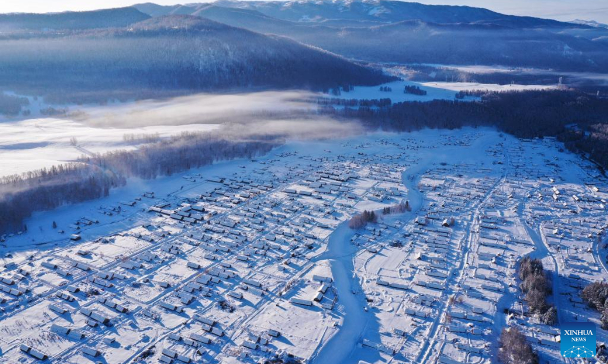 An aerial drone photo taken on Jan 17, 2024 shows a view of Hemu Village after snow in Altay Prefecture, northwest China's Xinjiang Uygur Autonomous Region. Photo:Xinhua