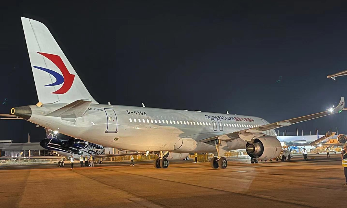 China's domestically manufactured C919 passenger aircraft has arrived at Singapore Changi International Airport on February 17, 2024, days ahead of the coming Singapore Airshow. Photo: Courtesy of China Eastern 