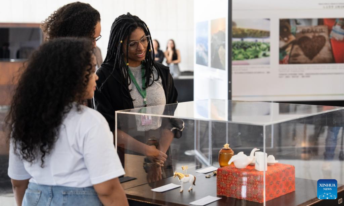 Visitors appreciate Chinese handicrafts at an exhibition celebrating the 50th anniversary of the establishment of diplomatic relations between China and Brazil in Brasilia, capital of Brazil, Aug. 15, 2024. (Photo: Xinhua)